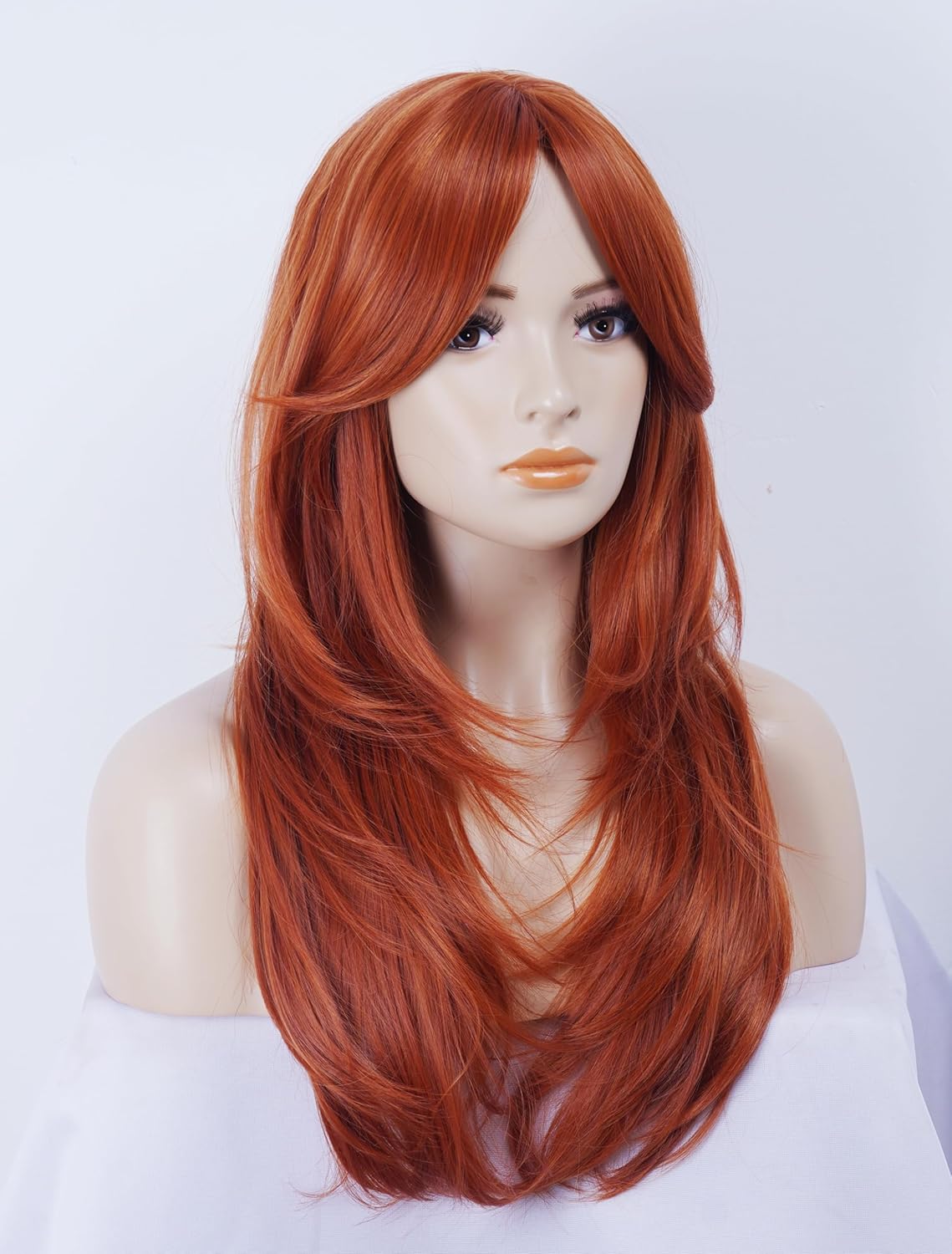 Rugelyss Long Wavy Auburn Red Wigs for Women, Layered Synthetic Copper Ginger Hair Wig with Bangs for Daily or Costume Party